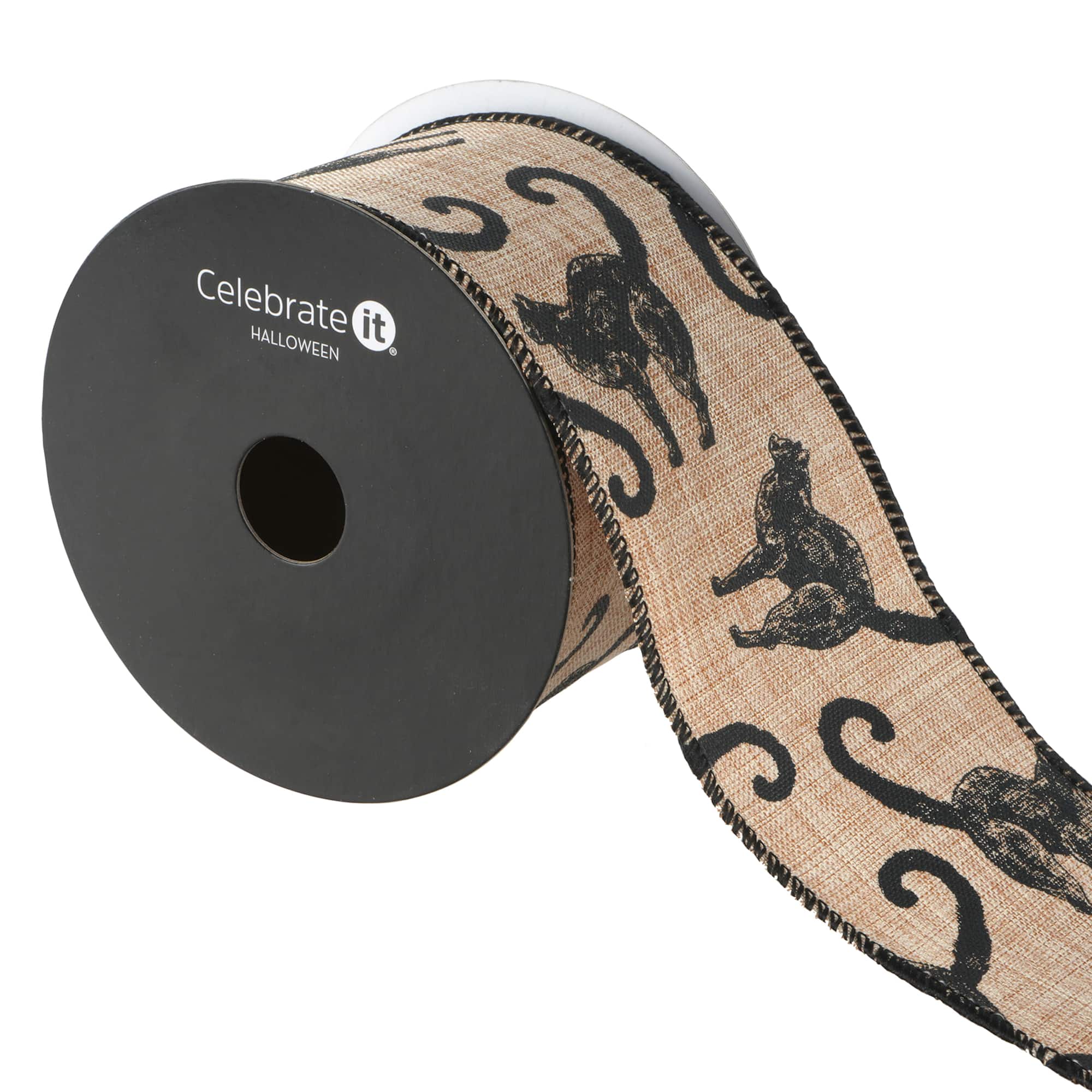 2.5" x 20ft. Black Cats Wired Faux Burlap Ribbon by Celebrate It® Halloween